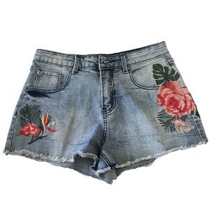 Gianni Bini Mid Rise Floral Embroidered Raw Hem Denim Shorts Size Small